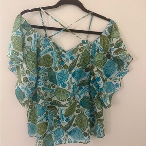 Vanessa Virginia Anthropologie Floral Green & Blue Silk blend Women's Top, Sz 6